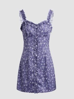 Purple Floral Ruffle Strap Button-Front Sundress